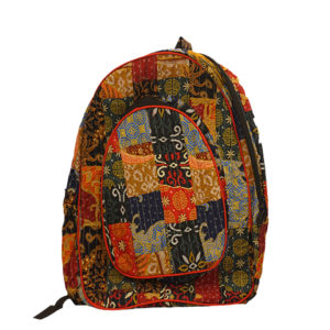 orange and black backpack with floral designs