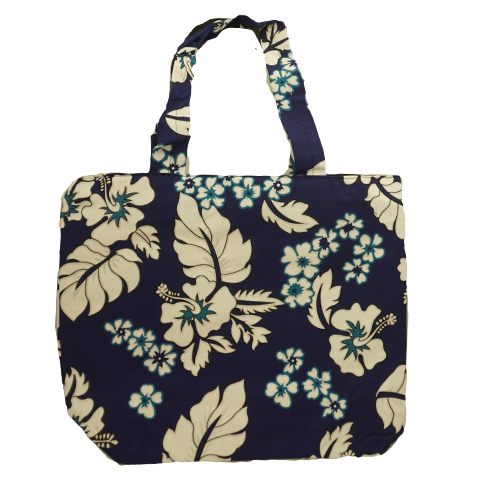 dark blue tote bag with flowers and leaves