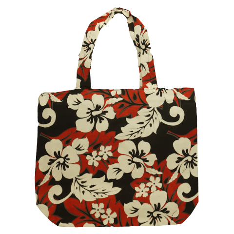 red and black tote bag with white flowers