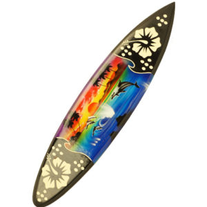 surfboard wall art. center has dolphins jumping in sunset. ends have flowers.