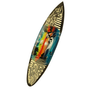 surfboard wall art. center image two killer whales jumping in sunset. ends has black and white lizards